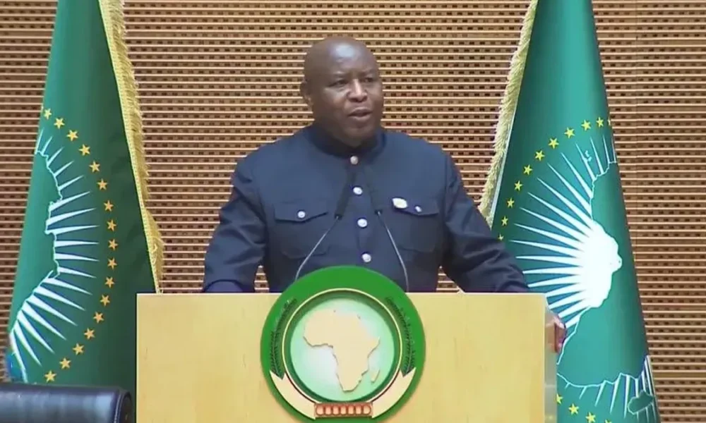 Burundian President Évariste Ndayishimiye delivering his inaugural address as the newly elected Chairperson of the African Union during the 39th African Union Summit Addis Ababa.